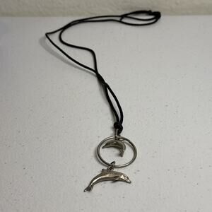 Vintage / Y2K-style silver-toned dolphin pendant cord necklace Jumping Dolphins